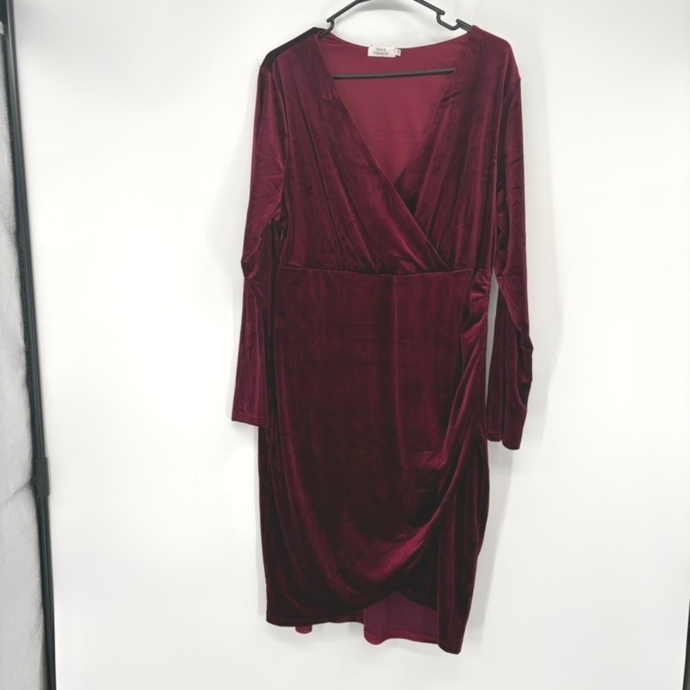 Pinup Fashion Dress Women 18W Burgundy Velvet Wrap‎ V-Neck Long Sleeve Goth